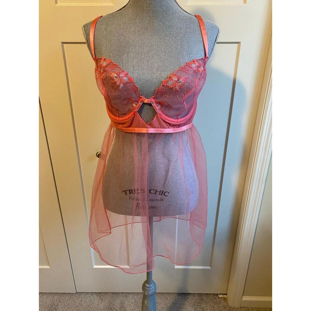 Adore Me Lacey Peach Lingerie 34DDD Teddy Nightie Wire 3 Hooks s2